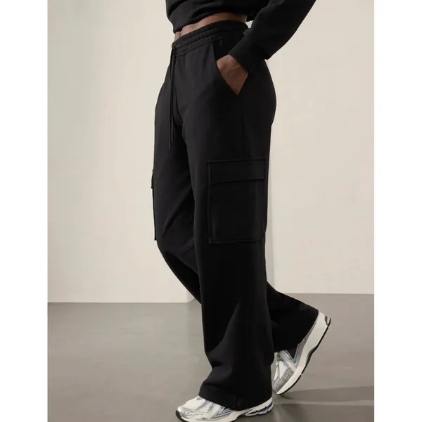 Athleta Easy Fleece Cargo Wide Leg Pants Black Women High Rise Size‎ Medium - Image 9