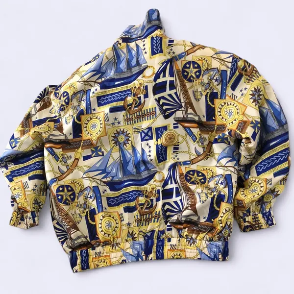 Vintage Retro FUDA International 100% Silk Bomber Jacket Blue Nautical Celestial Astrology Whimsy Whimsigoth Abstract Quirky Size L - Image 6