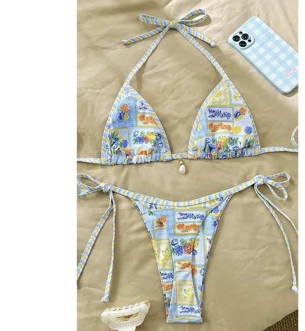 WDIRARA Women's 2 Piece Boho Triangle Bikini Set XXS Blue - Image 2