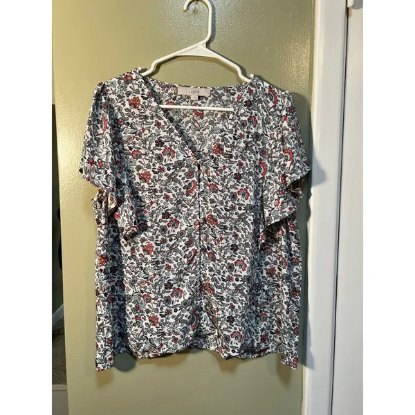 Loft Womens Size Large Blouse Short Flutter Sleeve Button Front Floral Butterfly - Image 3