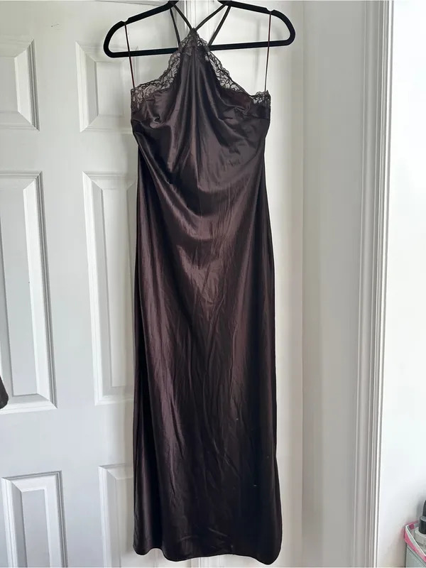 Reformation Aara Silk Halter Maxi Dress Chocolate Brown - Image 3