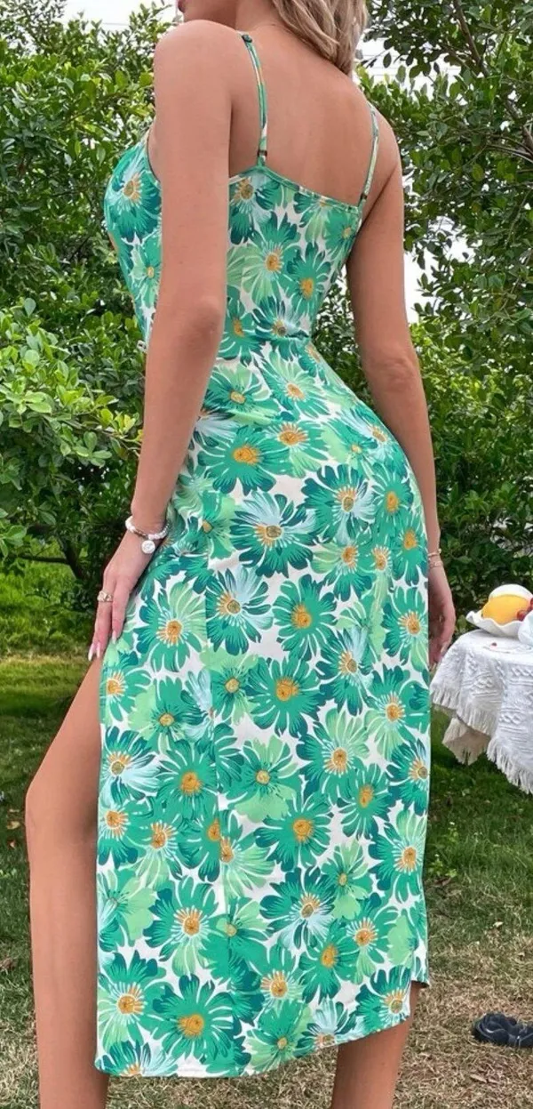 Crowl Neck Nwot small sexy high slit thigh floral party club bidycon dress spaghetti ruched Green - Image 4