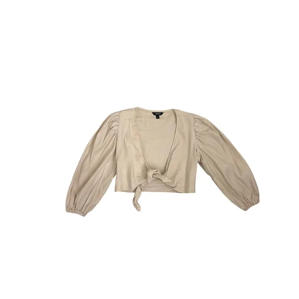 Express Linen Blend Cropped Tie Front Tan Cream Long Puff Sleeve Shirt Size XS - Image 2