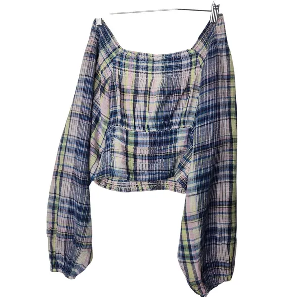 Free People Multicolor Smocked V-Neck Long Sleeve Marlena Plaid Crop Top Size XS - Image 3