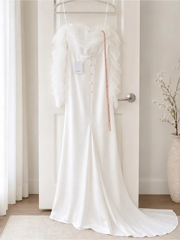 Lulu's Ivory Satin Wedding Dress with Ruffled Tulle Sleeves - Image 6