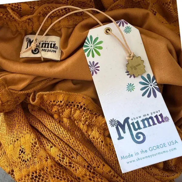NWT Show Me Your Mumu Bess Lace Off Shoulder Boho Flowy Dress Mustard Yellow Med - Image 6