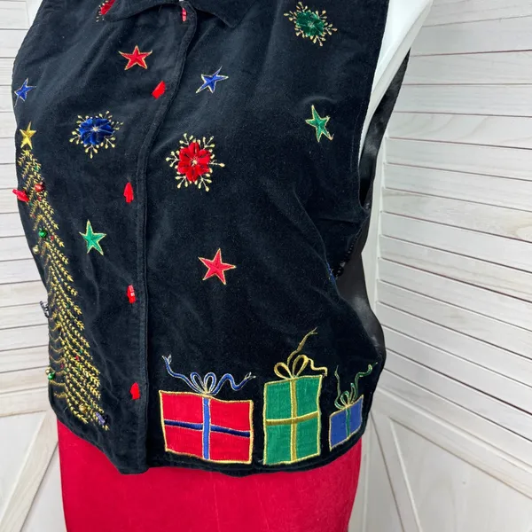 Vintage 90s DressBarn Velvet Embroidered‎ Christmas Button Up Vest Top Black XL - Image 5