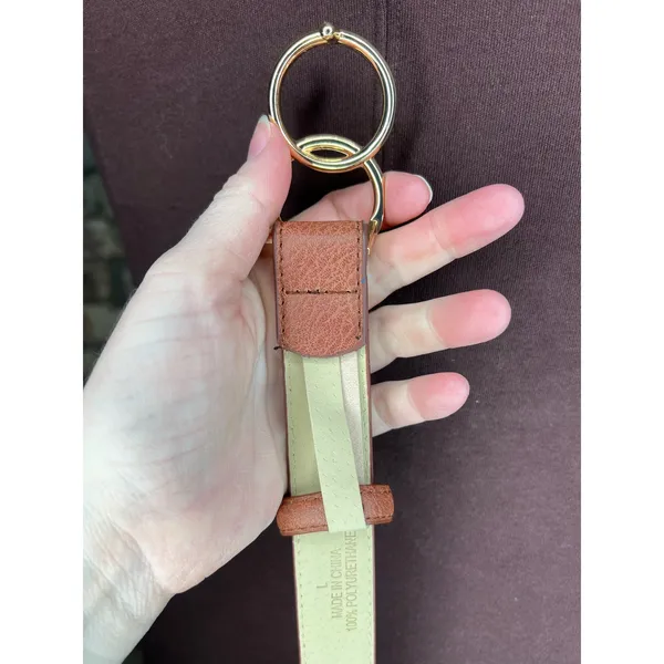 belt vegan leather tan interlocking circles buckle gold - Image 8