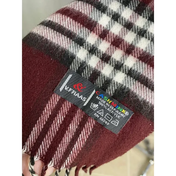 V. Fraas Cashmink Plaid‎ Scarf Burgundy White Black Made Germany Fall Autumn - Image 2
