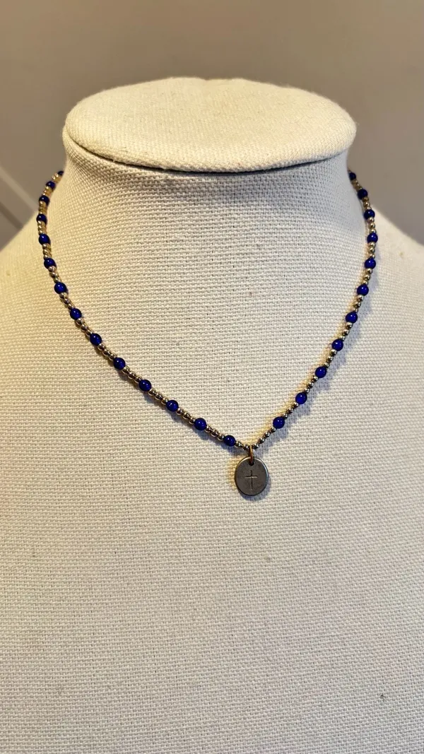 Forgiven Cross Charm Necklace with Blue Beaded Chain - Image 5
