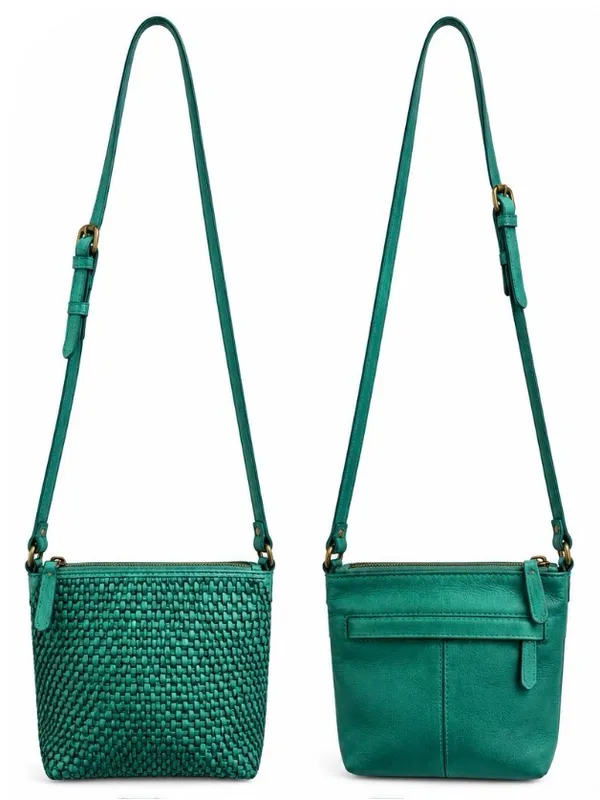 Vilenca Holland Teal Woven Leather Crossbody Bag Boho Turquoise Purse - Image 4