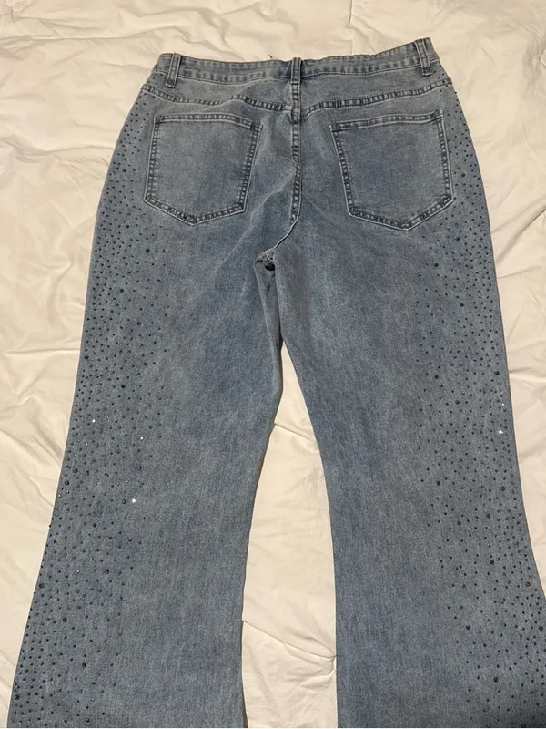 Women's Light Blue Flared Jeans with Rhinestone Detail - Image 2