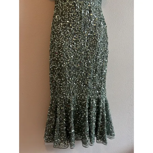 NWT $398 Mac Duggal Sequin‎ Midi Dress 2 Sage Green Flutter Sleeve Trumpet 10801 - Image 10