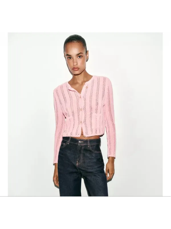 Zara Pointelle Pink Open Knit Cardigan M - Image 2