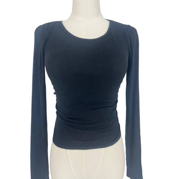 Alo Yoga Gather Long Sleeve Black Ribbed Ruched Crop Top XS - Image 4