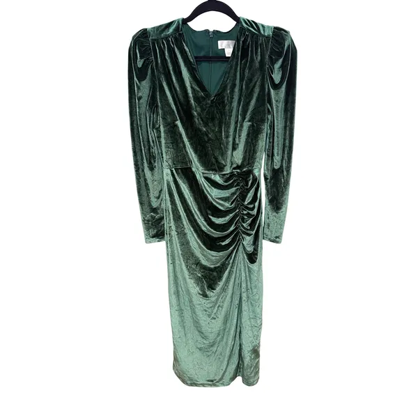 Rachel Parcell Velvet Midi Dress Emerald Green V-Neck Ruched Size Small - Image 2