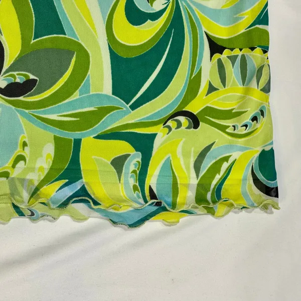Vintage Y2K No Comment Green Abstract Swirl Mesh Lettuce Trim Mini Dress Small - Image 6