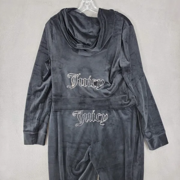 New Juicy Couture Velour Bling Tracksuit Hoodie Pant Black Beauty‎ Size M Set - Image 2