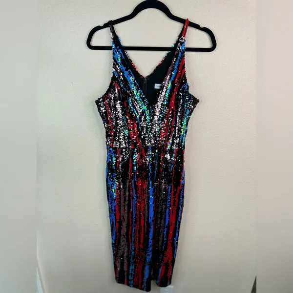 Dress the Population Multicolor Sequin Striped V-Neck Midi Dress - Image 5