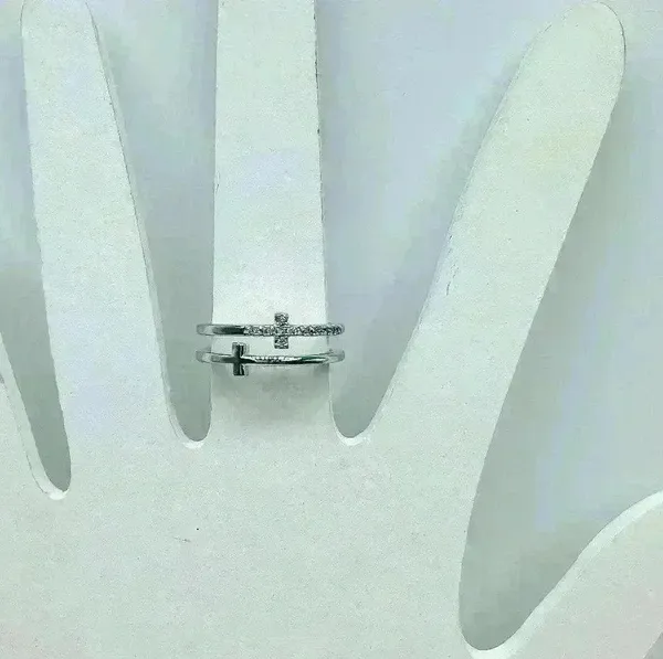 Silver Double Cross Rhinestones Ring Size 6 - Image 8