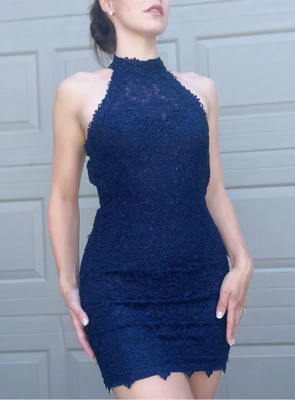 Alyce Paris Sparkly Lace High Neck Halter Open Back Mini Homecoming Dress Size 0 - Image 5