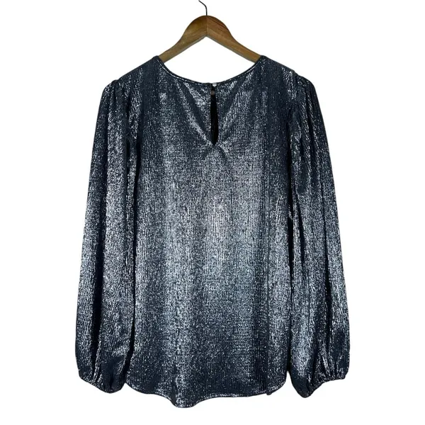 Loft Shimmer Metallic Pleated Blouse Silver Holiday Party Puff Sleeve Size L - Image 5