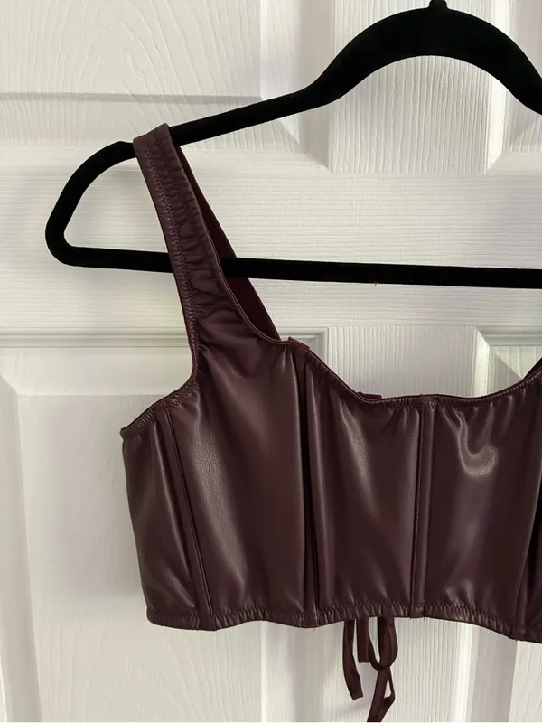 Victoria's Secret Faux Leather Mini Corset Top Lace Up, NWT, L, Burgundy Brown - Image 5