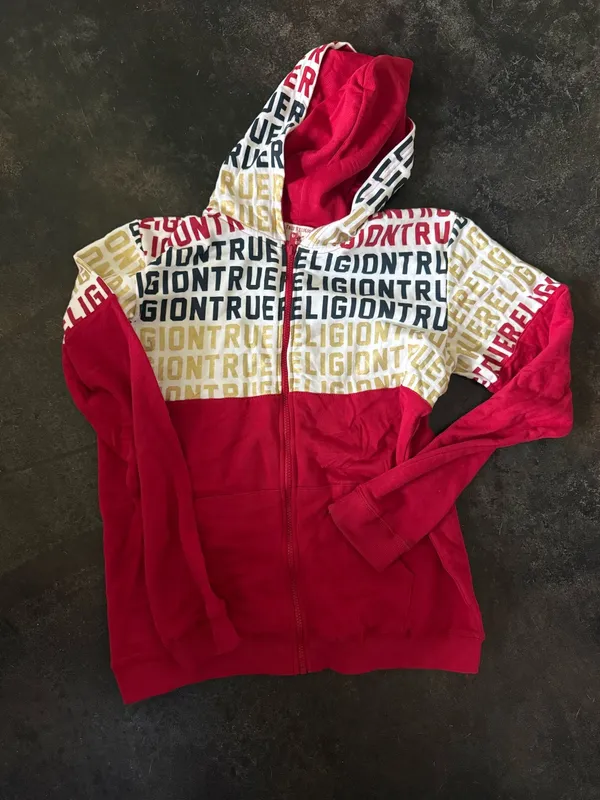 True Religion Y2K Hoodie Women XL Full Zip Logo AOP Streetwear Red Gold Graphic - Image 3