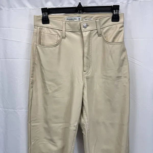 Abercrombie & Fitch Vegan Leather Pants 2 26 High Rise Straight Cream Beige Chic - Image 3