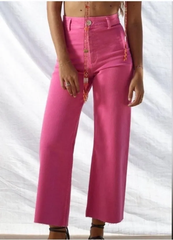 Zara Marine Straight Bright Pink Jeans Sz 2 High Rise Flare Raw Hem - Image 3