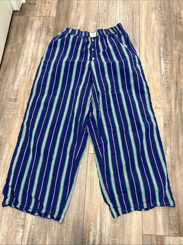 ANTHROPOLOGIE Wren Boxer Pants with Green and Navy and Gray Stripes Medium - Image 2