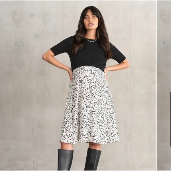 Seraphine Maternity Nursing Dress Skirt White Black Animal Print Midi Size 6‎ - Image 2