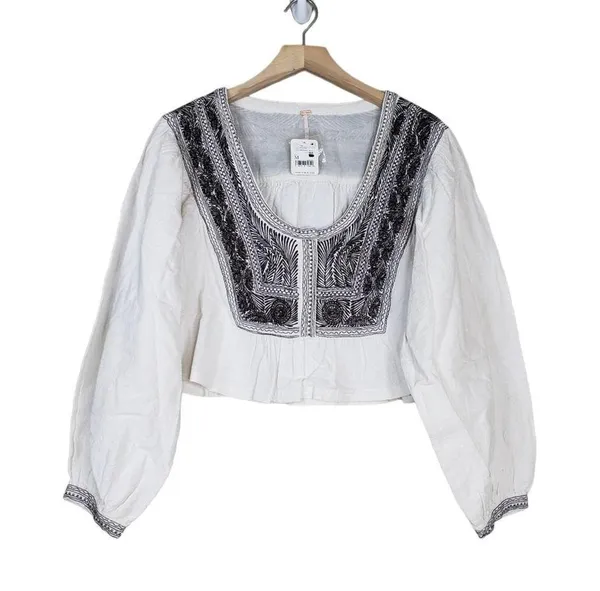Free People Womens M Iggie Embroidered Blouse in Ivory/Black Bean NEW - Image 2