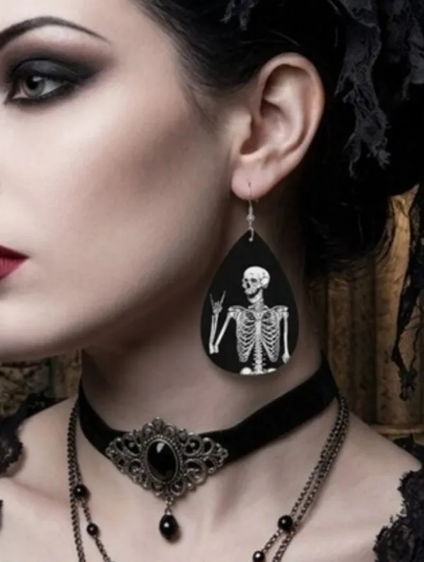 Gothic Skull‎ Faux Leather Teardrop Halloween Earrings Faux Fashion Jewelry - Image 2