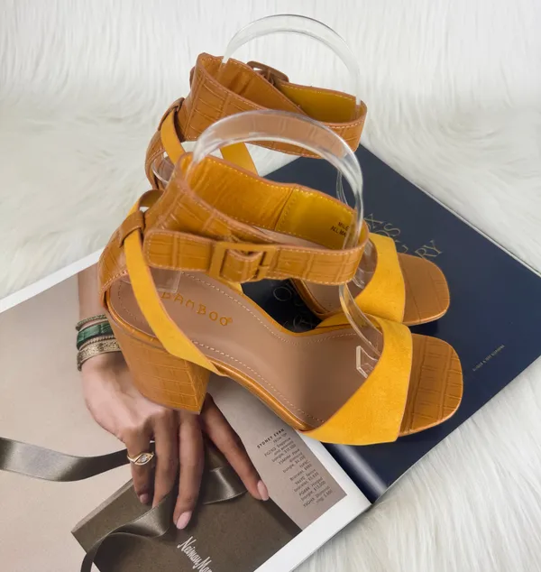 Bamboo Yellow Milestone Croc Accent Ankle Strap Chunky Block Heel Sandals Size 10 - Image 2