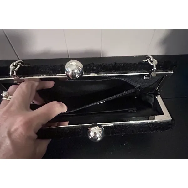Million Wishes Black Textured Evening Clutch Purse Silver Kiss Lock Frame - Image 6