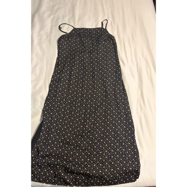 American Eagle‎ Black Floral Midi Dress Size L Square Neck Back Cutout Slit Boho - Image 2