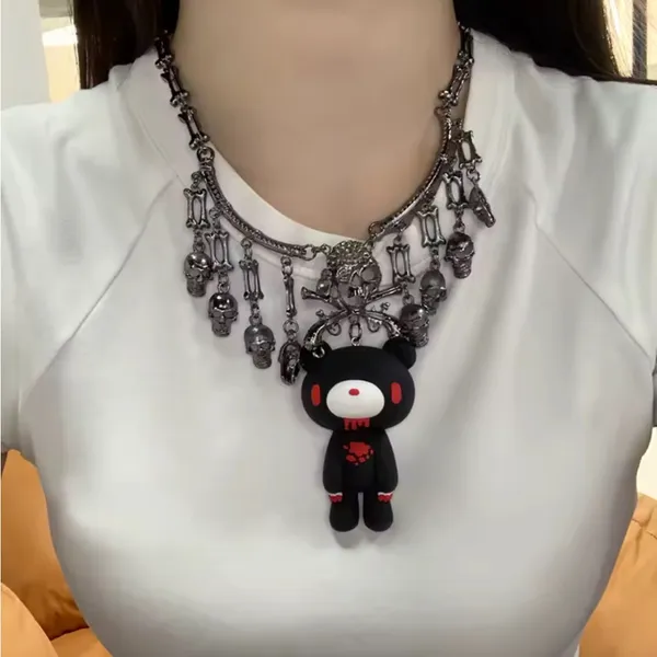 Skull and Bear Pendant Necklace Black - Image 3