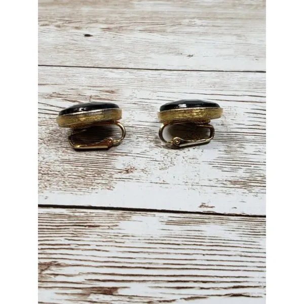 Vintage Clip On Earrings - Black Gem with Facets With A Gold Tone Halo - Image 4