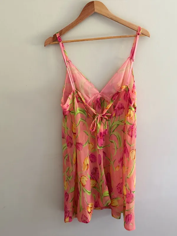 Betsey Johnson Intimates Vintage Peach Sheer Tulip Print Babydoll Lingerie Large - Image 8