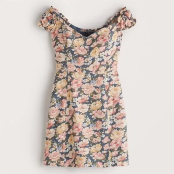 ABERCROMBIE & FITCH A&F Off the Shoulder Corset Mini Dress Blue Pink Etc Floral - Image 4