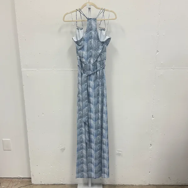 Guess Blue White Wavy Abstract Print Halter‎ Maxi Dress XS Wrap Front Tie Waist - Image 2
