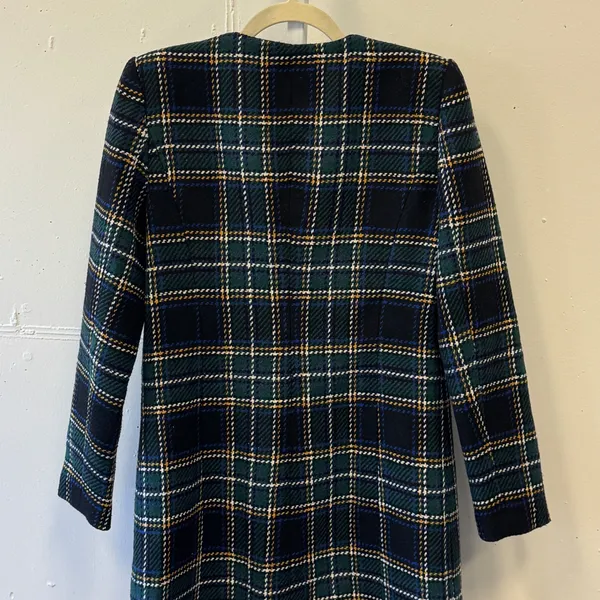 Calvin Klein Women's Wool Blend Plaid Collarless Car Coat Jacket Sz 2 Teal Navy‎ - Image 6