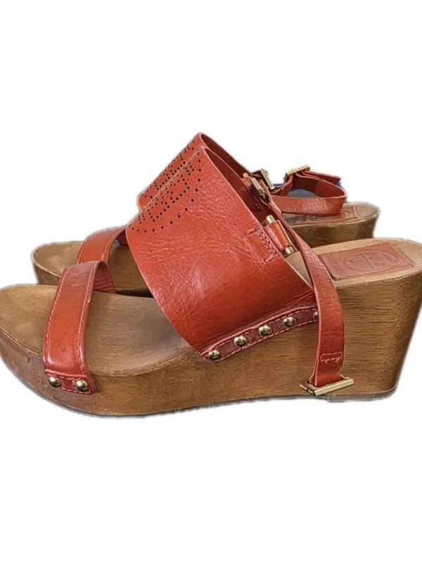 Tory Burch Womens Orange Gold Leather Wooden Wedge Sandals Size 9 Boho Preppy - Image 4