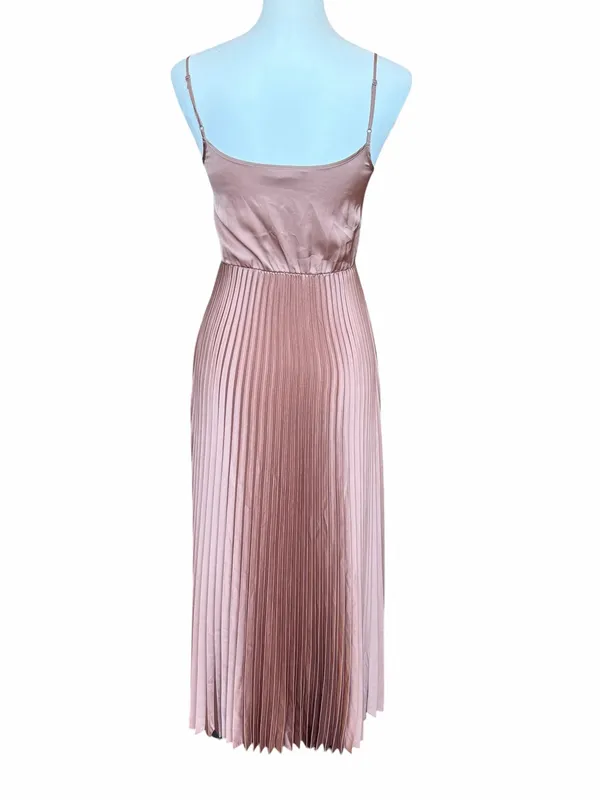 All Saints Pleated Satin Dress Size XS Brown Sleeveless Square Neck Maxi Pockets - Image 3
