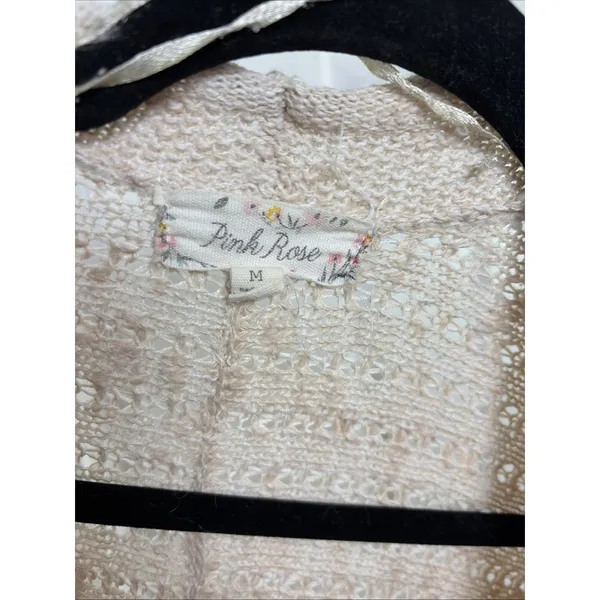 Pink Rose Open Front Cardigan Womens Size M Cream Pointelle Knit Boho Cotton - Image 4