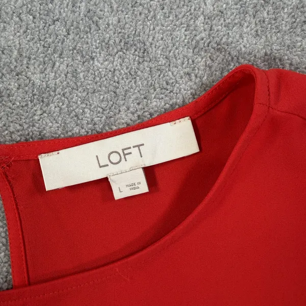 LOFT Women's Large Peplum Top Blouse Red Sheer Keyhole Back Short Sleeve - Image 3