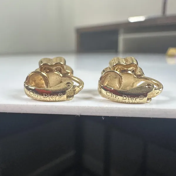 Vintage Christian Dior Gold Tone Rhinestone Flower Clip-On Stud Earrings Germany - Image 2