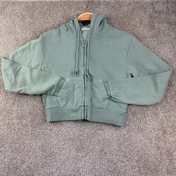 Brandy Melville Full Zip Hoodie Women OS Sage Green Cropped Tassel Drawstring - Image 2