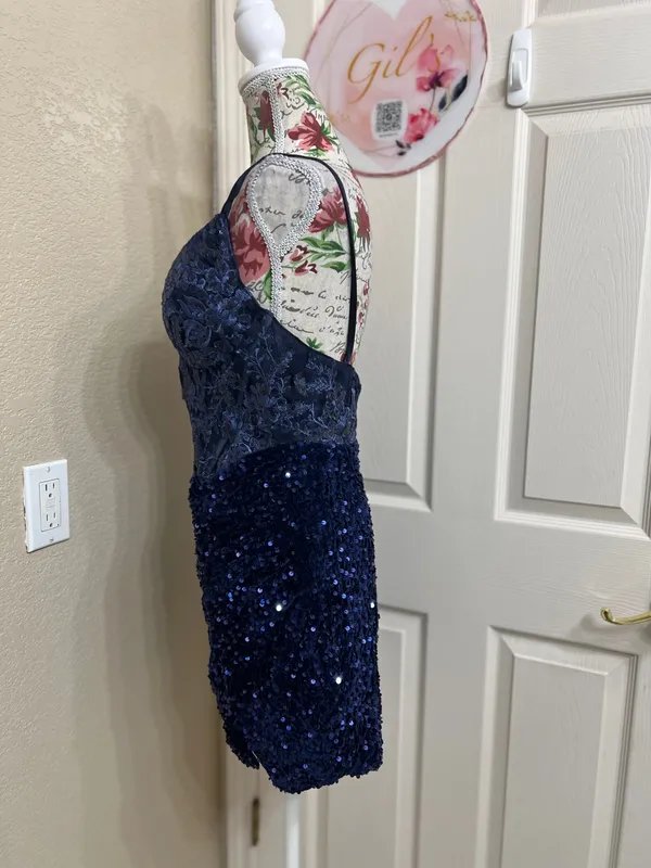 Navy Lace & Sequin Mini Dress with Spaghetti Straps size 12 - Image 5